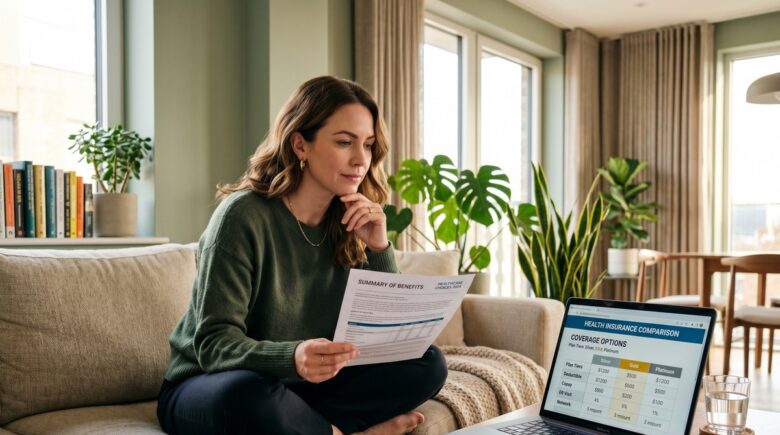 30-year-old reviewing health insurance plan options on a laptop