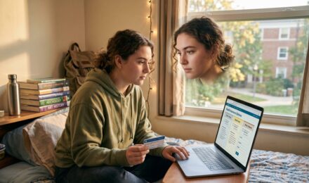 College student reviewing health insurance plan options on a laptop