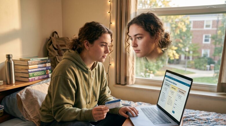 College student reviewing health insurance plan options on a laptop