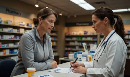 Person reviewing a health insurance formulary drug list at a pharmacy counter