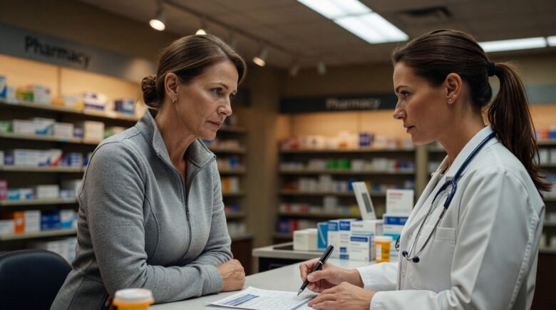 Person reviewing a health insurance formulary drug list at a pharmacy counter