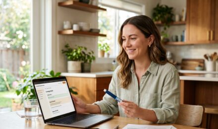 A person in their 30s reviewing health insurance plan documents with an insulin pen and glucose monitor on the desk beside them