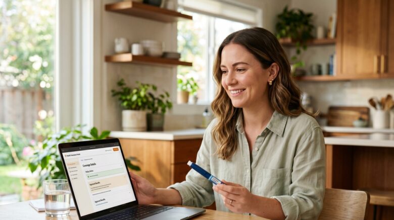 A person in their 30s reviewing health insurance plan documents with an insulin pen and glucose monitor on the desk beside them
