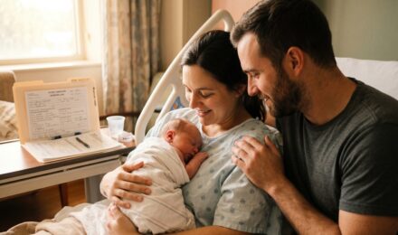 New parent holding newborn baby while reviewing health insurance documents in a hospital room