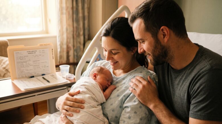 New parent holding newborn baby while reviewing health insurance documents in a hospital room