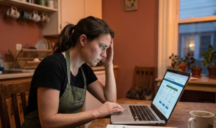 Part-time worker researching health insurance options on a laptop