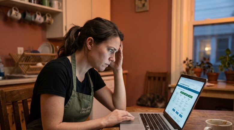 Part-time worker researching health insurance options on a laptop
