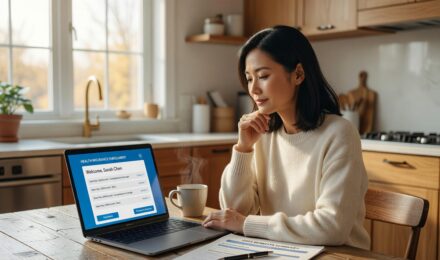 Person reviewing health insurance premium tax credit eligibility on laptop with tax documents nearby