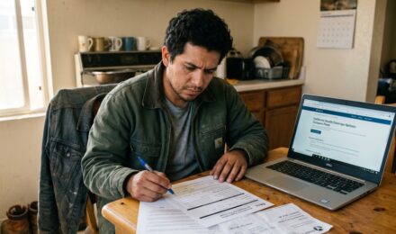 Seasonal worker reviewing health insurance options on a laptop between jobs