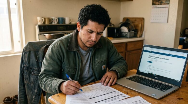 Seasonal worker reviewing health insurance options on a laptop between jobs