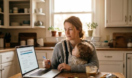 Stay-at-home parent reviewing health insurance options on a laptop at home