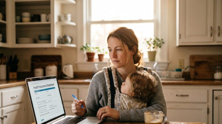Stay-at-home parent reviewing health insurance options on a laptop at home