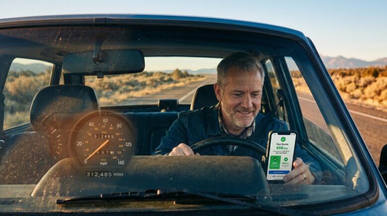 High-mileage driver reviewing auto insurance policy options on a laptop to find lower rates