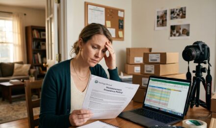 Home office desk with insurance documents highlighting coverage gaps for home-based business owners