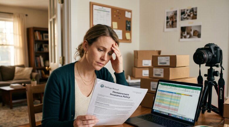 Home office desk with insurance documents highlighting coverage gaps for home-based business owners