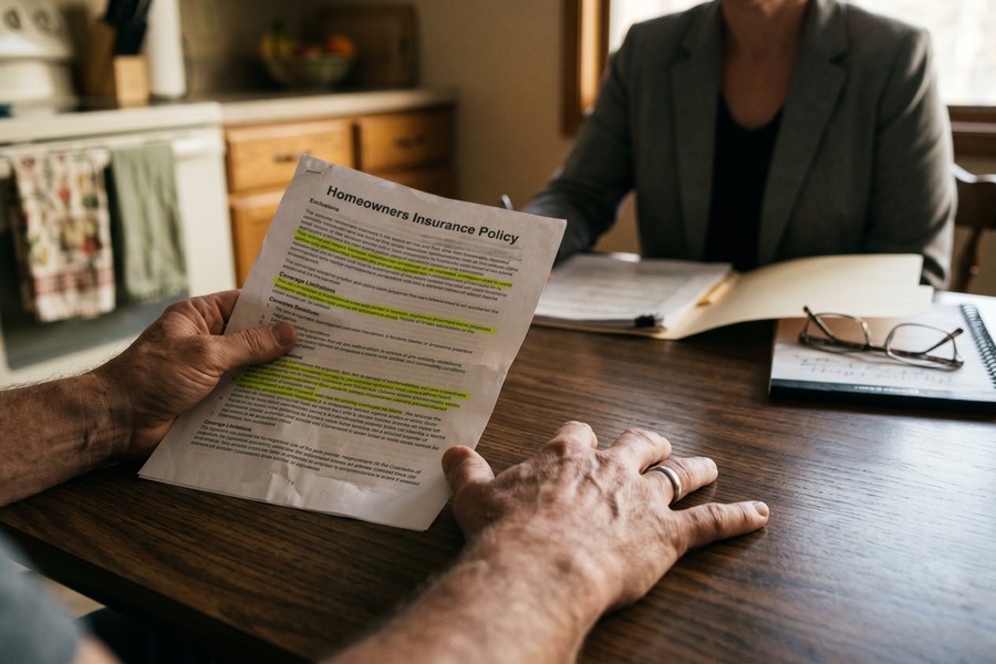 Person reviewing home business insurance policy documents at a desk with a calculator and notebook