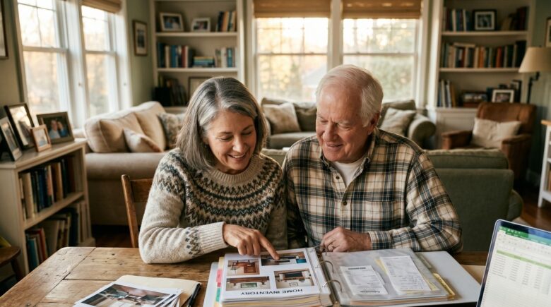 Retired couple reviewing their home inventory checklist to support a homeowners insurance claim