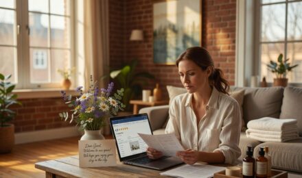 Homeowner reviewing insurance policy documents next to an Airbnb listing on a laptop