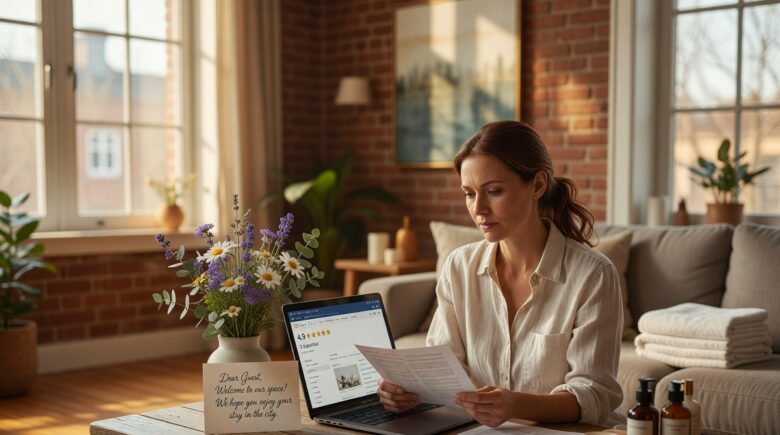 Homeowner reviewing insurance policy documents next to an Airbnb listing on a laptop