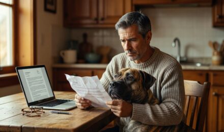 Dog owner reviewing homeowners insurance policy documents with a large dog sitting nearby