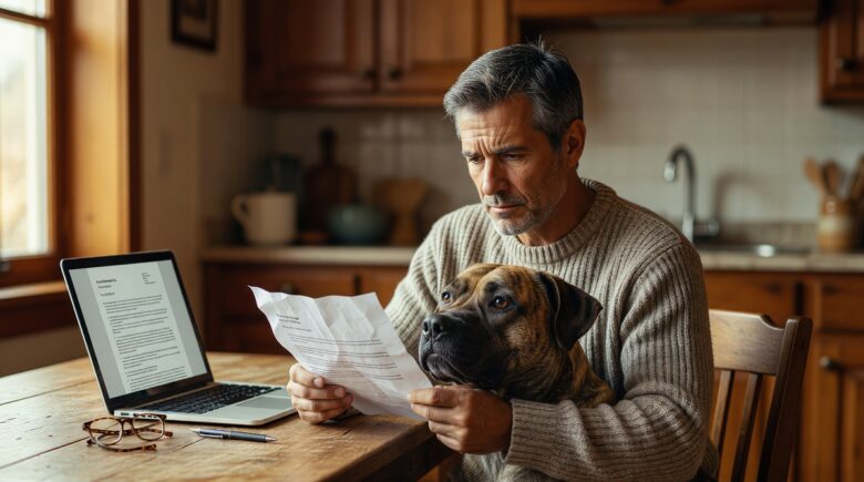 Dog owner reviewing homeowners insurance policy documents with a large dog sitting nearby