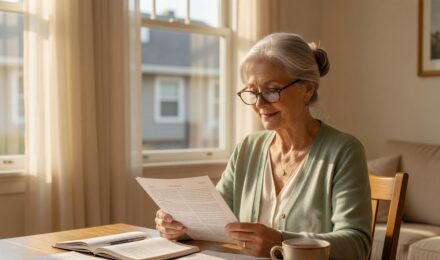 Retired homeowner reviewing homeowners insurance documents at kitchen table to lower premium on fixed income