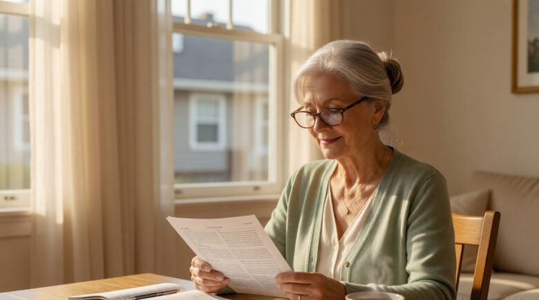 Retired homeowner reviewing homeowners insurance documents at kitchen table to lower premium on fixed income