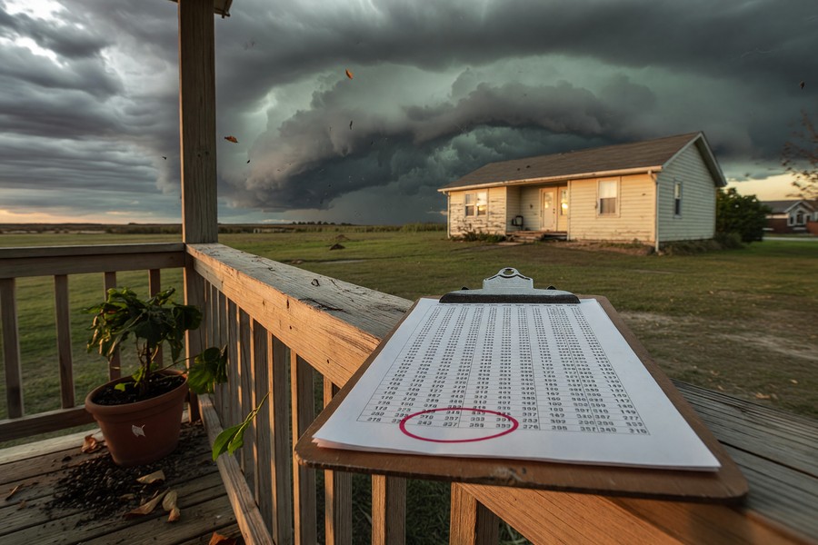 Retired homeowner reviewing insurance policy documents at kitchen table