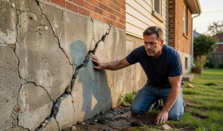 Cracked home foundation with homeowners insurance policy document on top