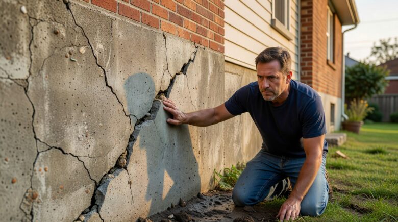 Cracked home foundation with homeowners insurance policy document on top