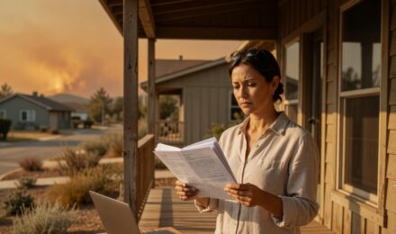 A homeowner reviewing insurance documents in front of a house in a high-risk state affected by natural disasters in 2026