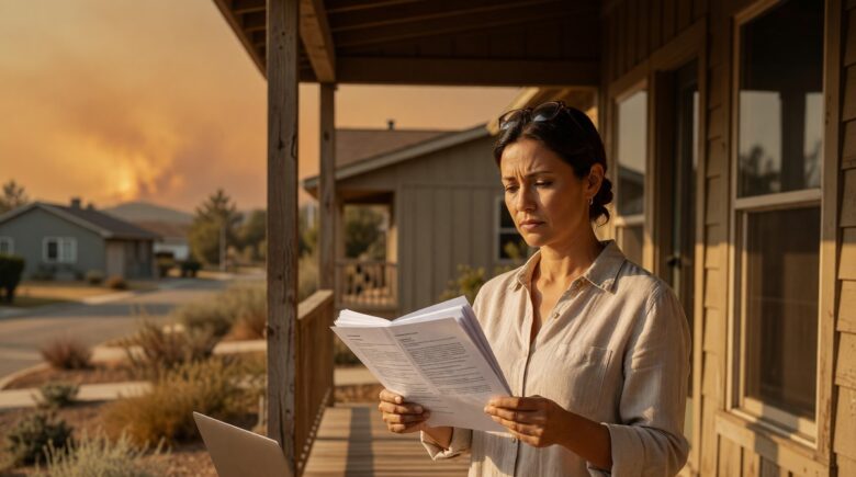 A homeowner reviewing insurance documents in front of a house in a high-risk state affected by natural disasters in 2026
