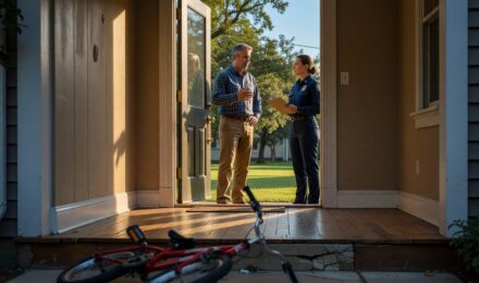 Homeowner reviewing liability coverage section of homeowners insurance policy at kitchen table