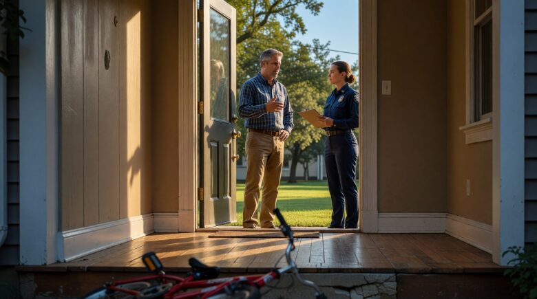 Homeowner reviewing liability coverage section of homeowners insurance policy at kitchen table