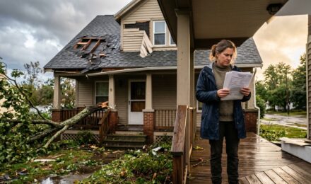 Damaged home after a natural disaster with homeowners insurance policy documents in the foreground