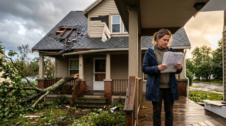 Damaged home after a natural disaster with homeowners insurance policy documents in the foreground