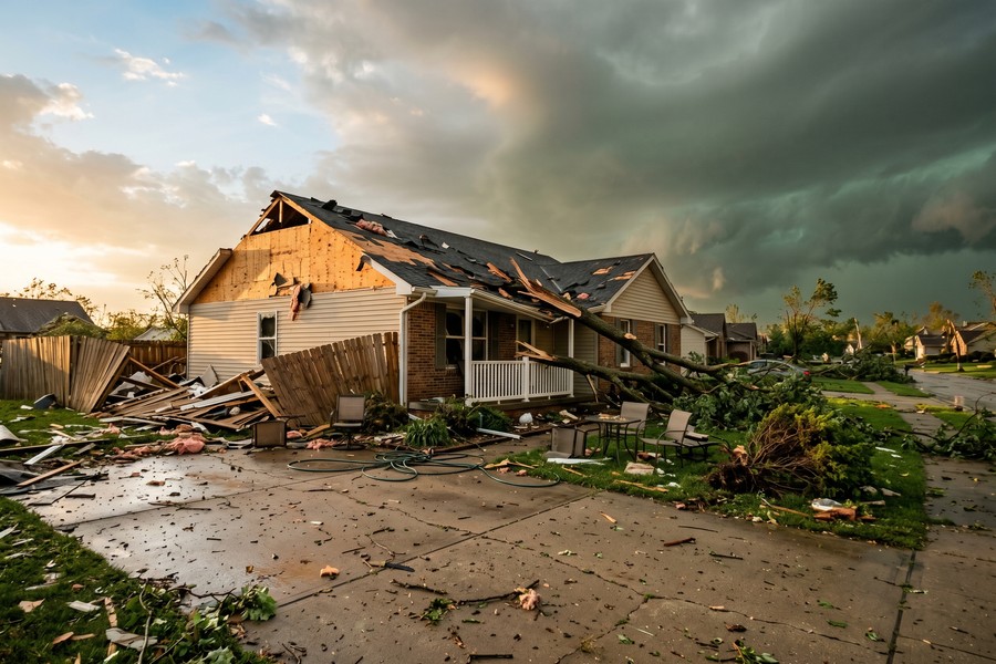 Side-by-side comparison of hurricane wind damage vs storm surge flood damage to a coastal home