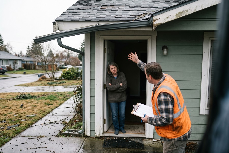 Homeowner photographing storm damage to roof and exterior walls for an insurance claim