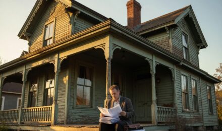 Older two-story home with a for-sale sign and homeowners insurance documents on the porch