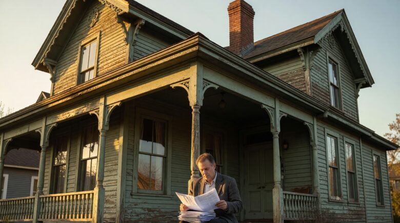 Older two-story home with a for-sale sign and homeowners insurance documents on the porch