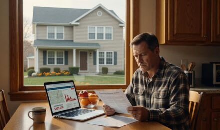Homeowner reviewing insurance payout documents next to a house with a lower dollar amount than the property market value