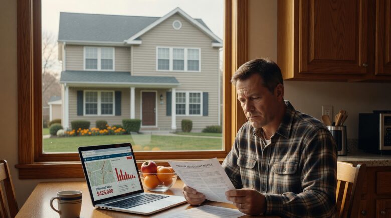 Homeowner reviewing insurance payout documents next to a house with a lower dollar amount than the property market value