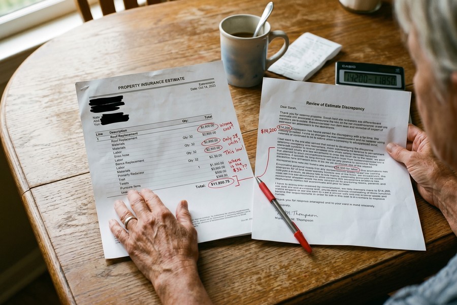 Policyholder reviewing insurance claim documents and contractor repair estimates at a desk