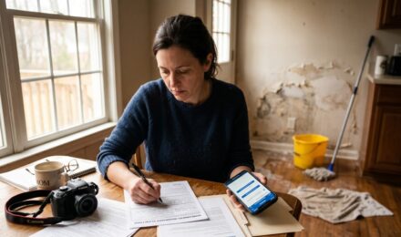 Homeowner reviewing damage and filing a homeowners insurance claim on a tablet