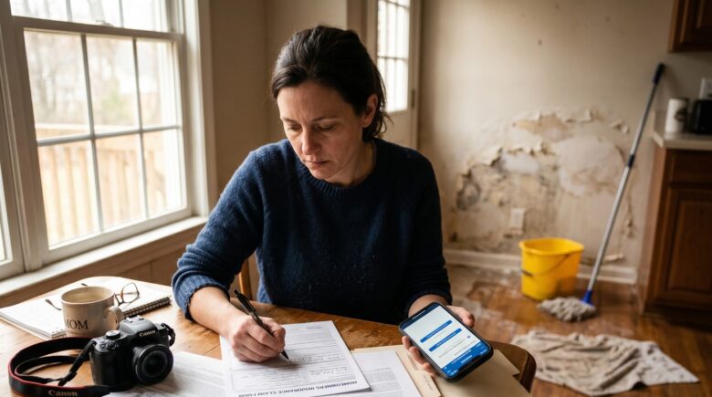 Homeowner reviewing damage and filing a homeowners insurance claim on a tablet