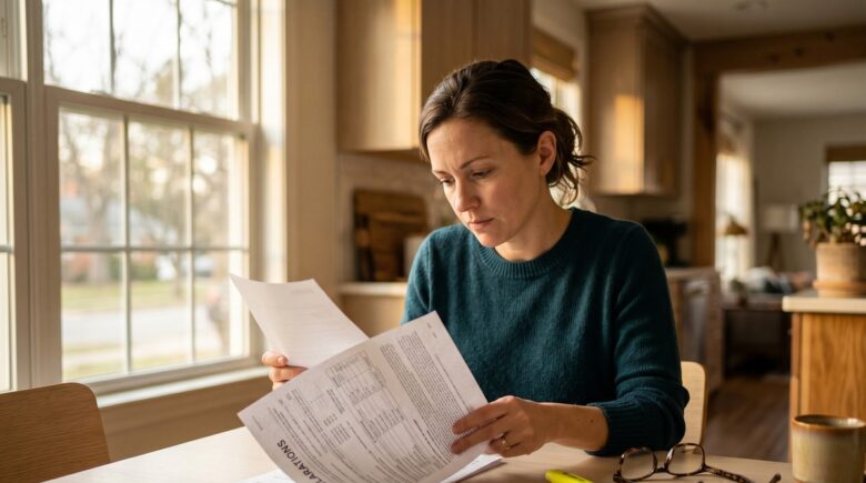 Person carefully reading an insurance declarations page with a highlighter to mark important coverage details