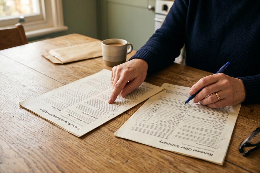 Policyholder reviewing two insurance declarations pages side-by-side on a desk