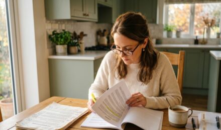 Person carefully reading an insurance policy document highlighting key sections and fine print