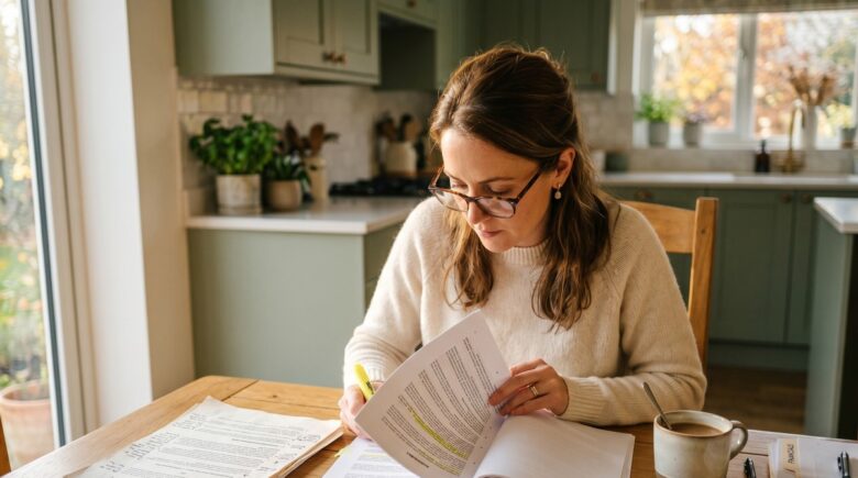 Person carefully reading an insurance policy document highlighting key sections and fine print