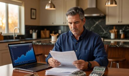 Person reviewing insurance policy documents with rising inflation chart in the background